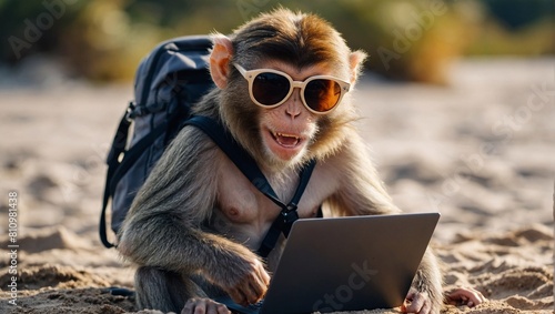 A cheerful monkey in sunglasses with a backpack on the beach looks at a laptop, chooses Youth budget vacation, cheap air tickets, hostel, travel booking
