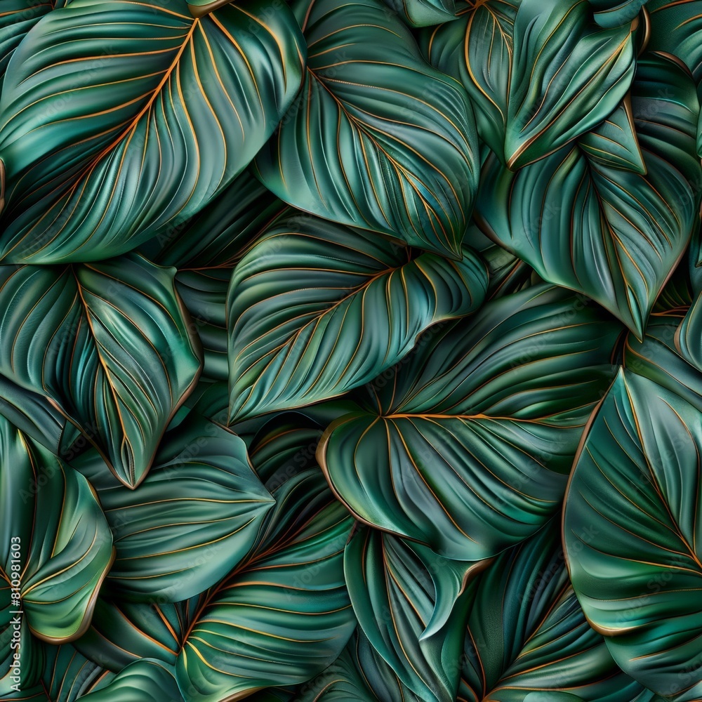 Obraz premium A luxurious and detailed artistic illustration of green leaves with golden veins, highlighting their smooth textures and flowing lines.