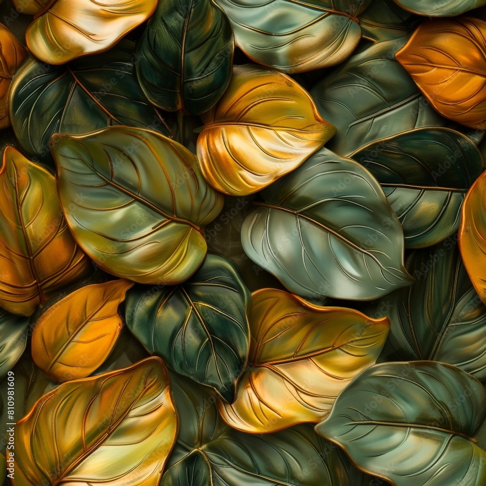 A stunning visual artwork featuring an array of leaves in luxurious shades of gold and green, beautifully highlighting their curved lines and rich textures. A stunning visual artwork featuring an array of leaves in luxurious shades of gold and green, beautifully highlighting their curved lines and rich textures.