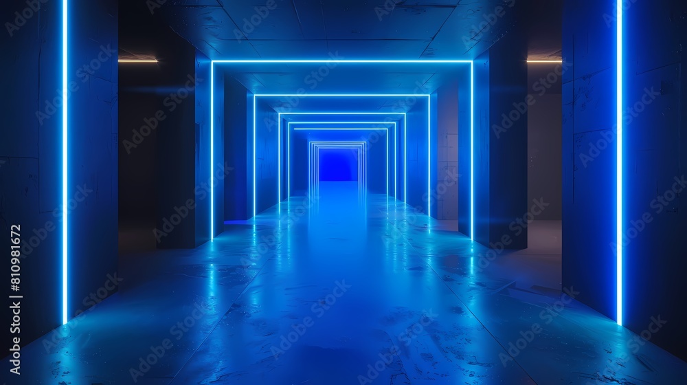 Fototapeta premium Blue and black neon cube technology poster web page PPT background