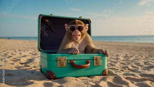 A cheerful monkey in sunglasses with a backpack on the beach looks at a laptop, chooses Youth budget vacation, cheap air tickets, hostel, travel booking