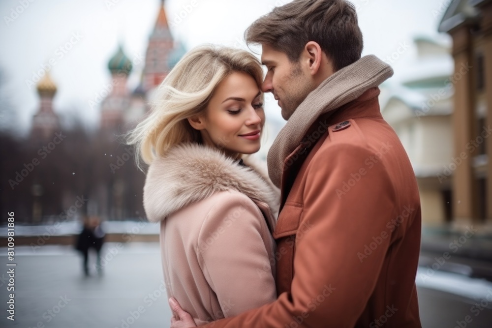 A couple embracing each other in front of a famous landmark, enjoying a snowy day. Fictional Character Created By Generative AI. A couple embracing each other in front of a famous landmark, enjoying a snowy day. Fictional Character Created By Generative AI.