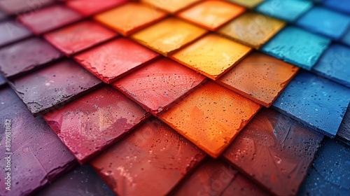 Colorful square roof tiles in a repeating pattern.