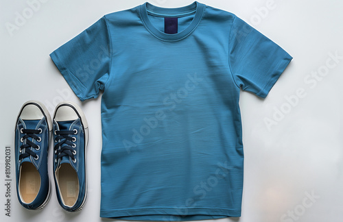 blue t shirt and shoes