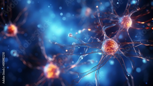 3D rendered visualization of glial cells in brain tissue, focusing on their role in neurotransmitter regulation and nerve health photo