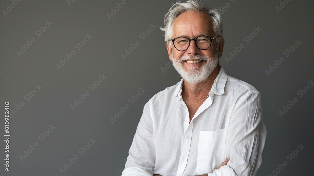 Stylish senior man with grey hair, clad in a crisp white shirt, smiling confidently at the camera against a sleek grey background Stylish senior man with grey hair, clad in a crisp white shirt, smiling confidently at the camera against a sleek grey background