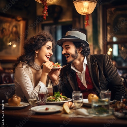 A Couple Enjoys a Meal Together at a Restaurant Fictional Character Created By Generative AI. 