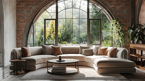 sitting room featuring a plush half-round sofa and cozy cushions  paired with a sturdy round coffee table made of solid wood  against the backdrop of a beautiful large arched window