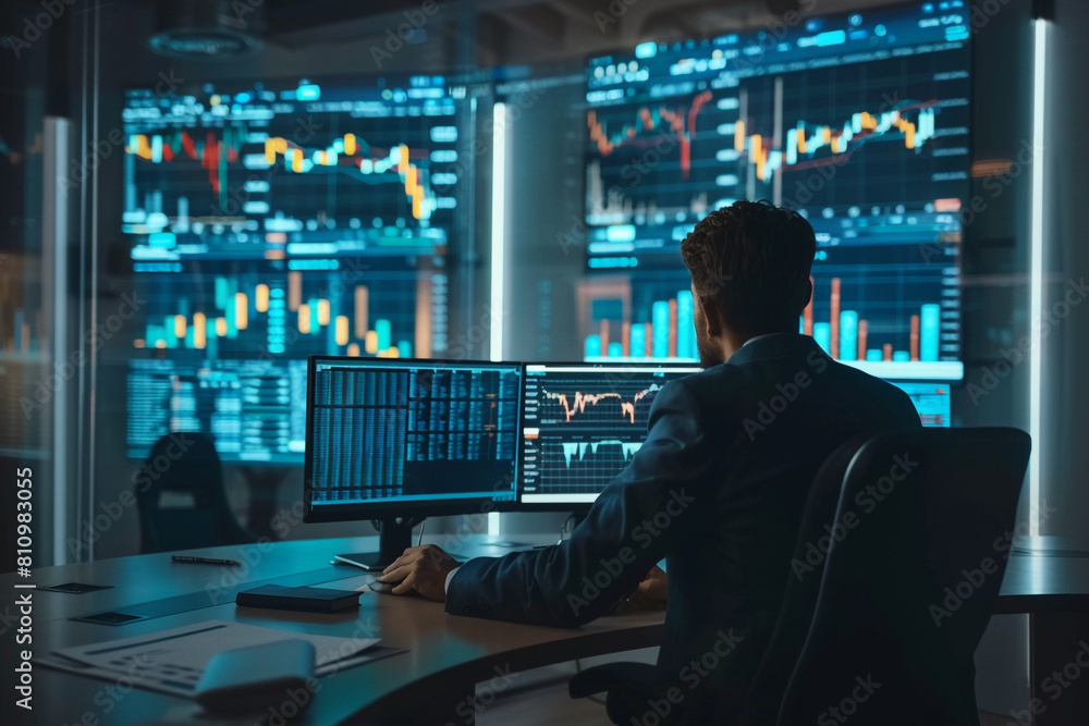 An elegant office space with a professional analyzing a series of financial reports and market graphs spread across a desk, with digital screens displaying stock exchange data in the background An elegant office space with a professional analyzing a series of financial reports and market graphs spread across a desk, with digital screens displaying stock exchange data in the background