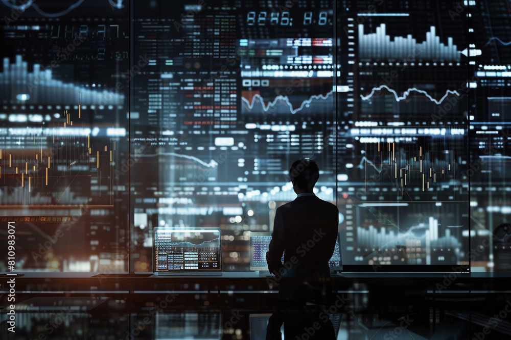 An elegant office space with a professional analyzing a series of financial reports and market graphs spread across a desk, with digital screens displaying stock exchange data in the background An elegant office space with a professional analyzing a series of financial reports and market graphs spread across a desk, with digital screens displaying stock exchange data in the background