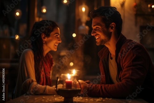 Couple sitting at a table with a candle  smiling and enjoying each other s company Fictional Character Created By Generative AI. 