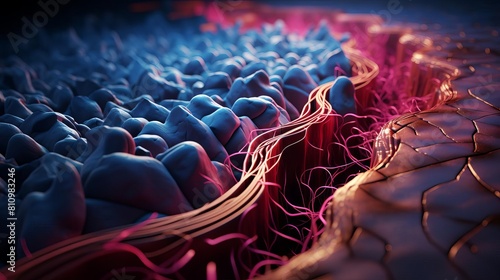 Closeup image of heart muscle cells in action, highlighting contraction and relaxation phases, with educational annotations photo