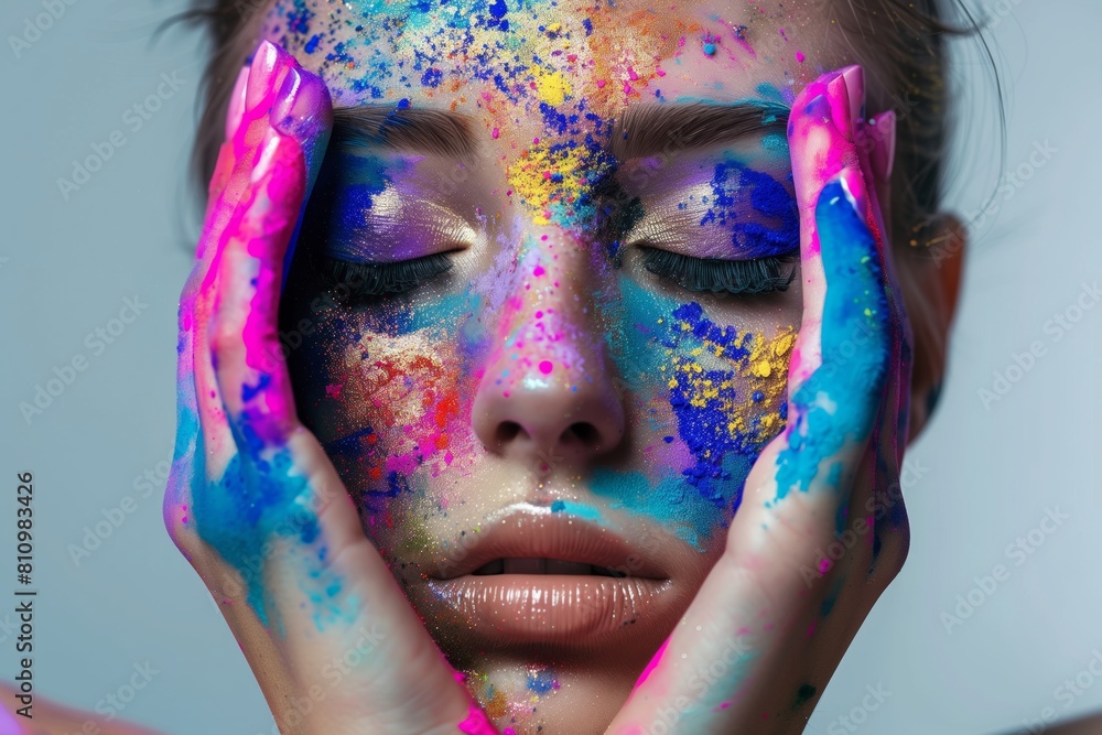 splashes of multicolored powder on the face
