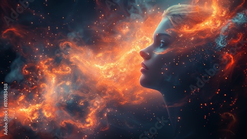 Gazing into the infinite cosmos, her mind ablaze with stardust and wonder, she embraces the enigma of existence. photo