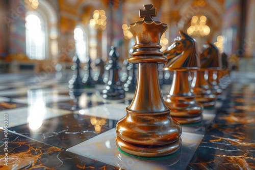 Business Strategy concept. A row of chess pieces are lined up on a marble floor.