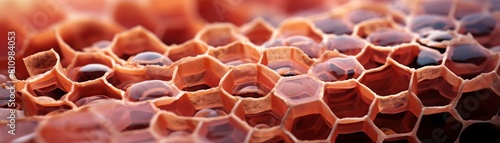 Closeup view of cork cells under a microscope, showcasing their compact, honeycomb structure that serves as a barrier against environmental stress, with educational annotations photo