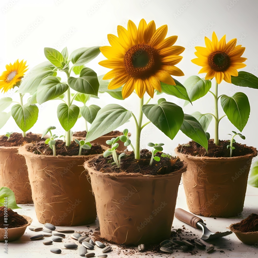 sunflower with leaves seedlings growing in peat pots on a white background