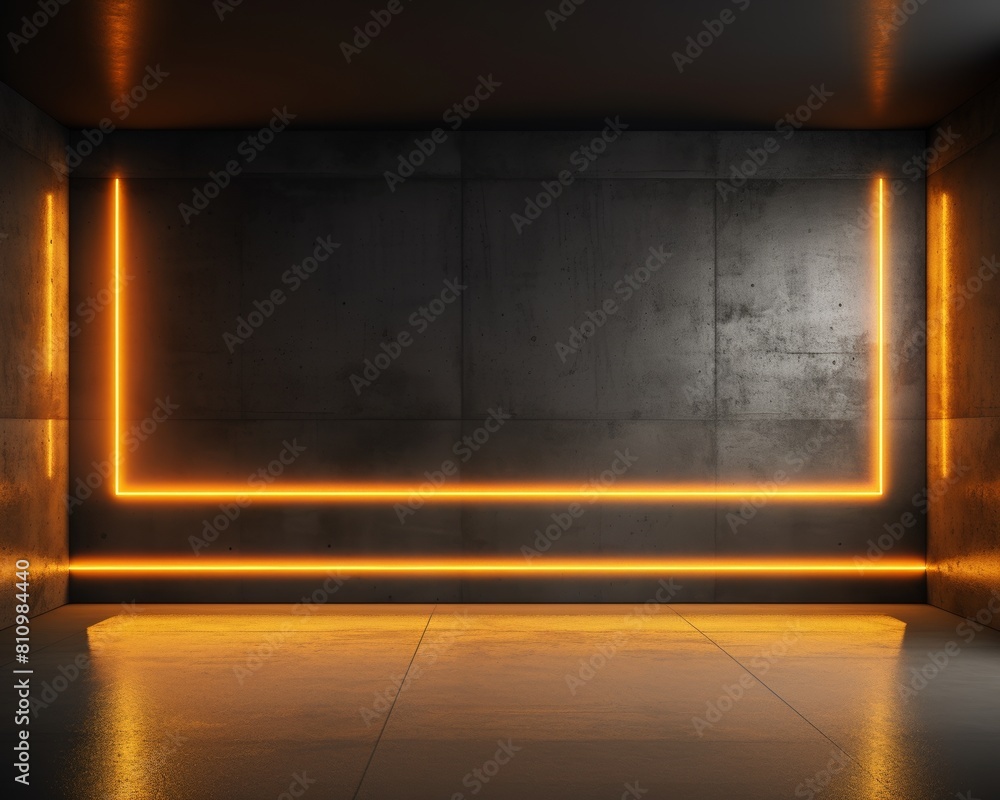 Dark room with concrete walls and glowing orange neon lights on the floor and ceiling. Dark room with concrete walls and glowing orange neon lights on the floor and ceiling.