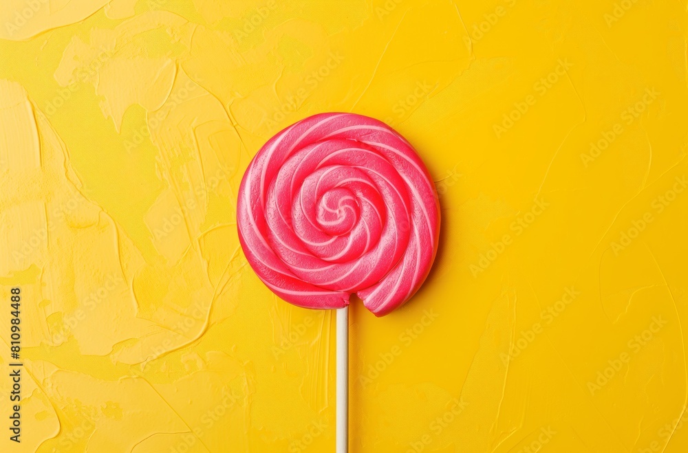 Pink lollipop on yellow background Pink lollipop on yellow background