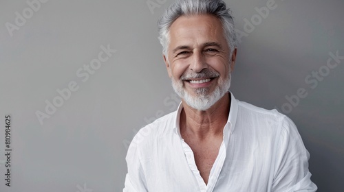 Stylish senior man with grey hair, clad in a crisp white shirt, smiling confidently at the camera against a sleek grey background photo