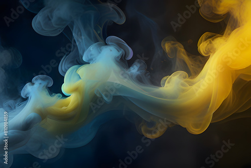 Vivid blue and yellow smoke swirls against a dark background