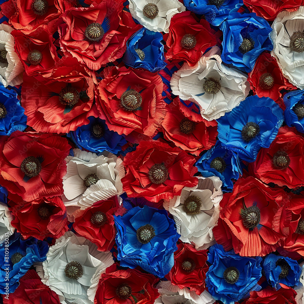 Fototapeta premium A vibrant display of patriotic poppies in red, white, and blue Memorial Day.