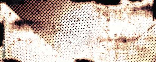  Grunge urban background. Overlay splattered textured banner. Vector shape with a halftone dots. Distressed dirty design element for print, template, brochure, social media