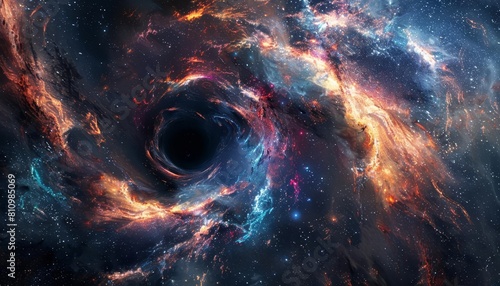Engage audiences with a digital watercolor illustration capturing the intense gravitational pull and ethereal beauty of a supermassive black hole through vibrant colors and subtle