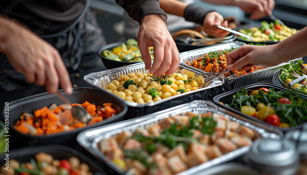 featuring a close-up of hands reaching for various dishes on a shared cafeteria table, focusing on the action and interaction, Business, workmates, office, cafeteria, with copy spa featuring a close-up of hands reaching for various dishes on a shared cafeteria table, focusing on the action and interaction, Business, workmates, office, cafeteria, with copy spa