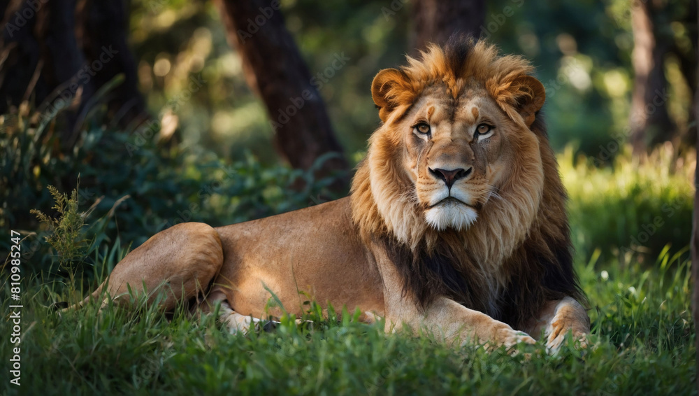 Lion King, Majestic Predator Rests Among Verdant Trees, Nature's Majesty Lion King, Majestic Predator Rests Among Verdant Trees, Nature's Majesty