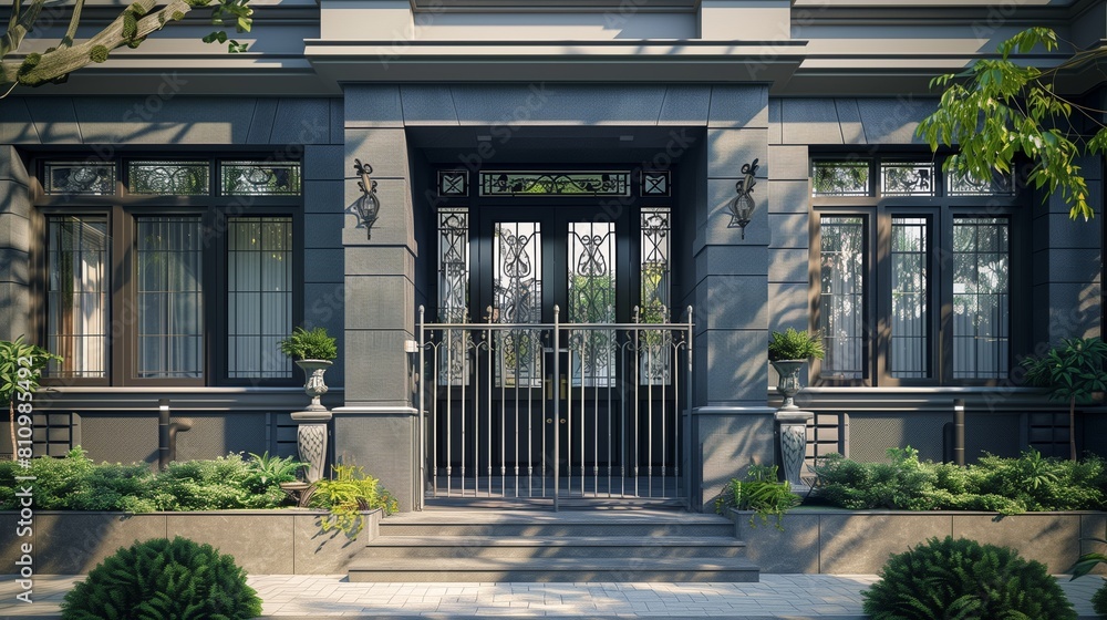 A craftsman house in slate grey under the sun, showcasing traditional rod gate and decorative window grills. A craftsman house in slate grey under the sun, showcasing traditional rod gate and decorative window grills.