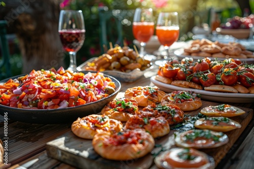 A table is covered with a variety of food, including pizza, bread