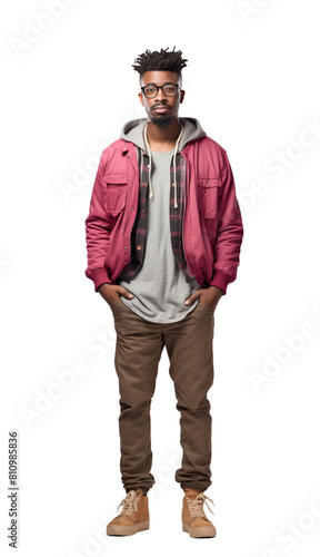 Young adult african american man in glasses isolated on transparent white background. Full body