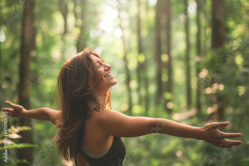 A carefree woman finds pure joy in the fresh air of a pristine forest, where the tranquil woods inspire a wholesome, wellness-focused lifestyle.