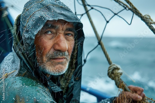 A man in a raincoat is standing on a boat in the rain