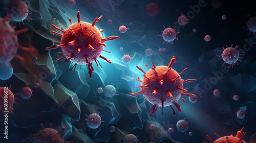Detailed illustration of Tcells attacking a virus, showing immune response in action, isolated on a vibrant background photo