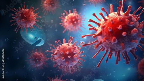 Detailed illustration of Tcells attacking a virus, showing immune response in action, isolated on a vibrant background