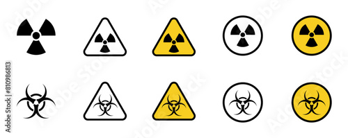 Set of radiation hazard signs. Radiation area. Radioactive threat alert.