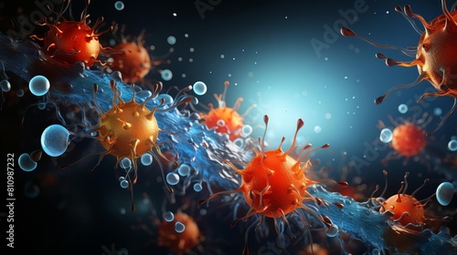 Dynamic illustration of neutrophils migrating towards an infection site, using vibrant color trails to depict chemotaxis in medical animations