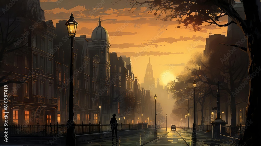 Obraz premium Early morning urban setting with joggers and dog walkers on a misty city street lined with old brick buildings and street lamps