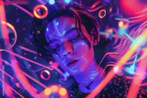 A dreamy portrait of a person surrounded by floating neon shapes and patterns  blending reality with digital art