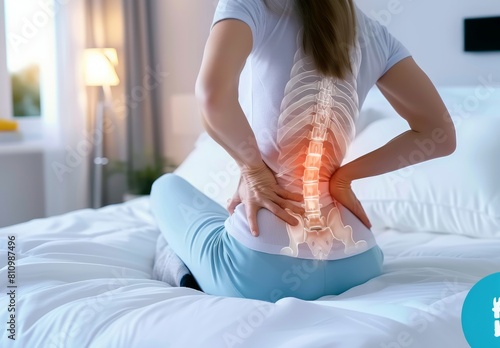 A woman with back pain holding her lower right side of the spine in bed photo
