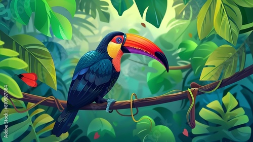 Colorful toucan perched on a branch  its vibrant plumage adding a splash of color to the green jungle backdrop.