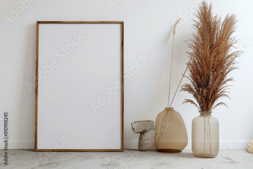 Mockup of poster frame with vertical wooden frame in background inside home