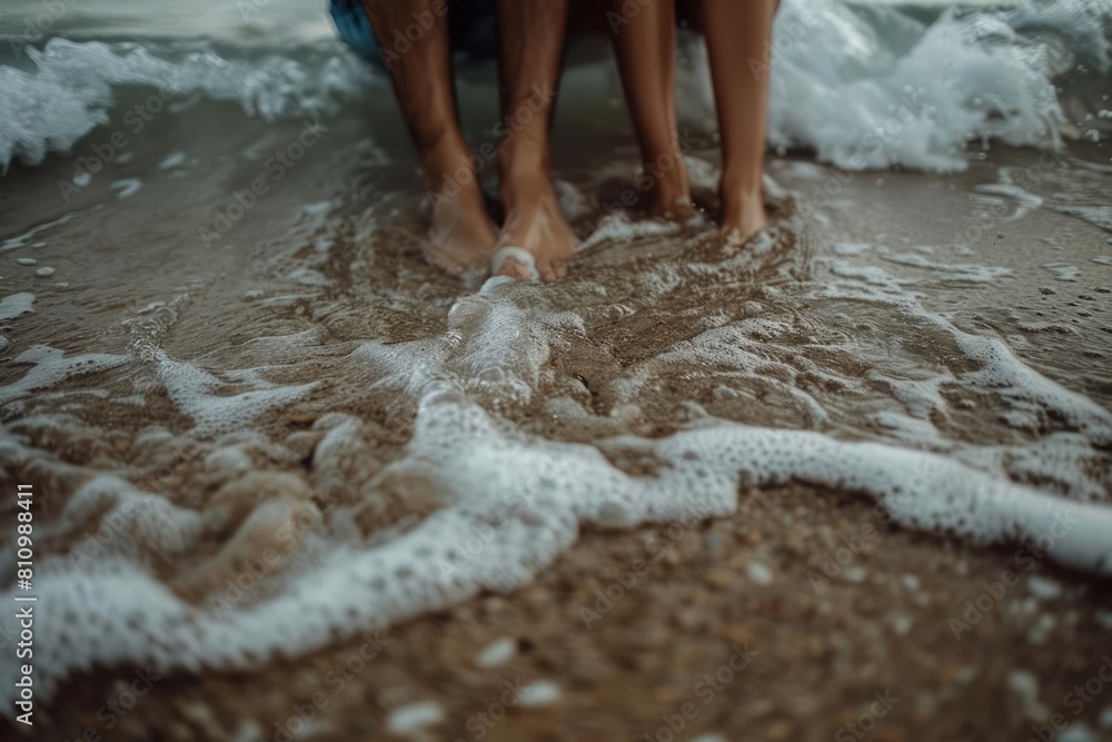 A young couple sandy feet as they sit side by side on the beach, the waves creating a natural rhythm