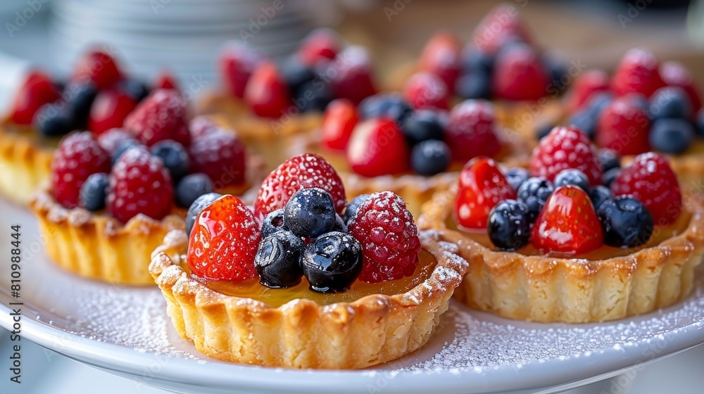 dessert presentation, an assortment of fruit tarts elegantly displayed on a white platter, a delectable indulgence for sweet cravings dessert presentation, an assortment of fruit tarts elegantly displayed on a white platter, a delectable indulgence for sweet cravings