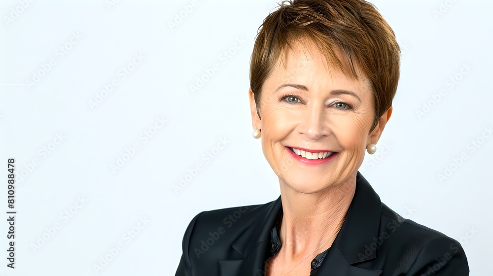 Confident businesswoman smiling in a studio setting. Professional attire, mature elegance. Stock photo for corporate use. AI Confident businesswoman smiling in a studio setting. Professional attire, mature elegance. Stock photo for corporate use. AI