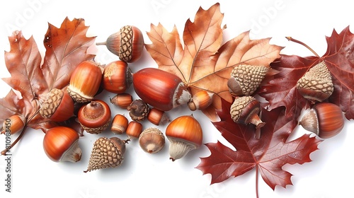 Conkers and acorns adorn a white background, heralding the onset of autumn.
