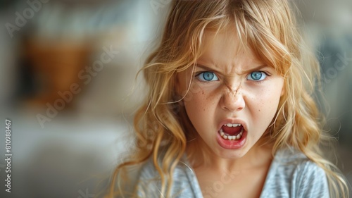 Little angry girl with blond hair screaming photo