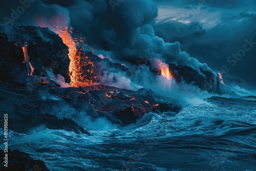 Lava Flow in the Ocean With Pouring Lava